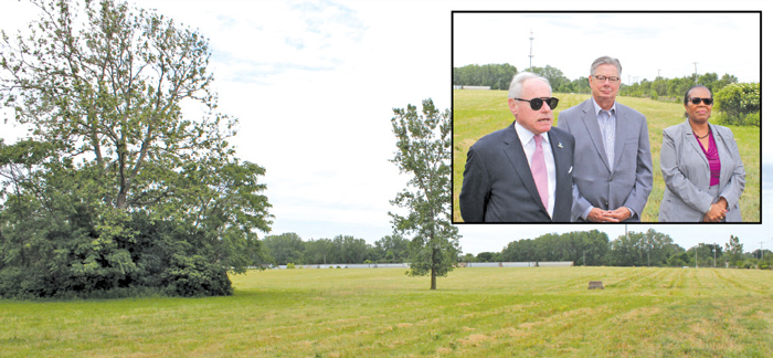 James Tuschman (left), chairman of the board, Toledo-Lucas County Port Authority; Pete Gerken (middle), president, Lucas County Commissioners; Toledo Mayor Paul Hicks (right) on-site at Ironville Terminal in east Toledo