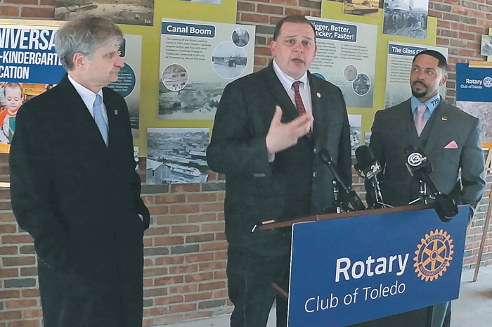 (Left to right) Dick Wolff, Rotary Club of Toledo president; Toledo Mayor Wade Kapszukiewicz; and Romules Durant, Toledo Public Schools superintendent